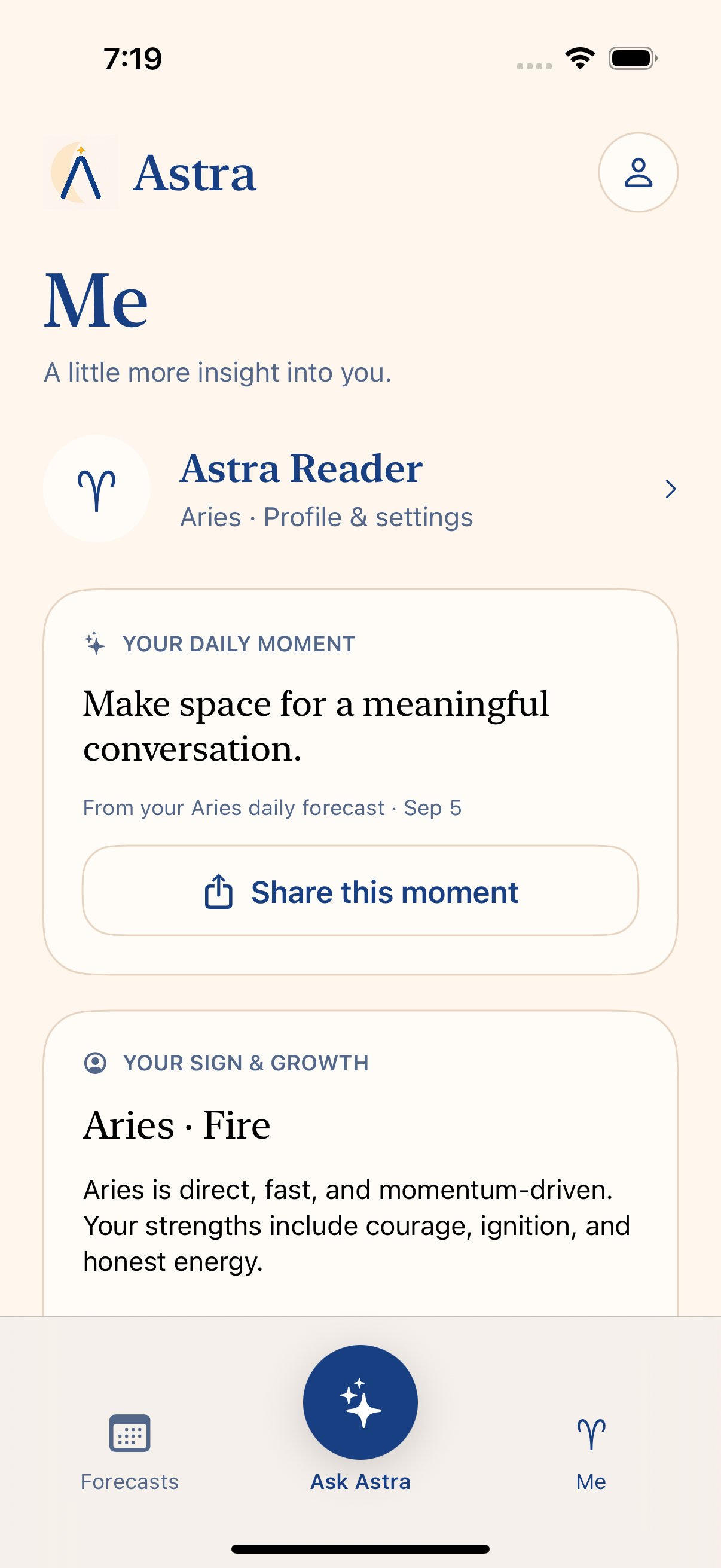 Me · personal insights in the Astra iPhone app